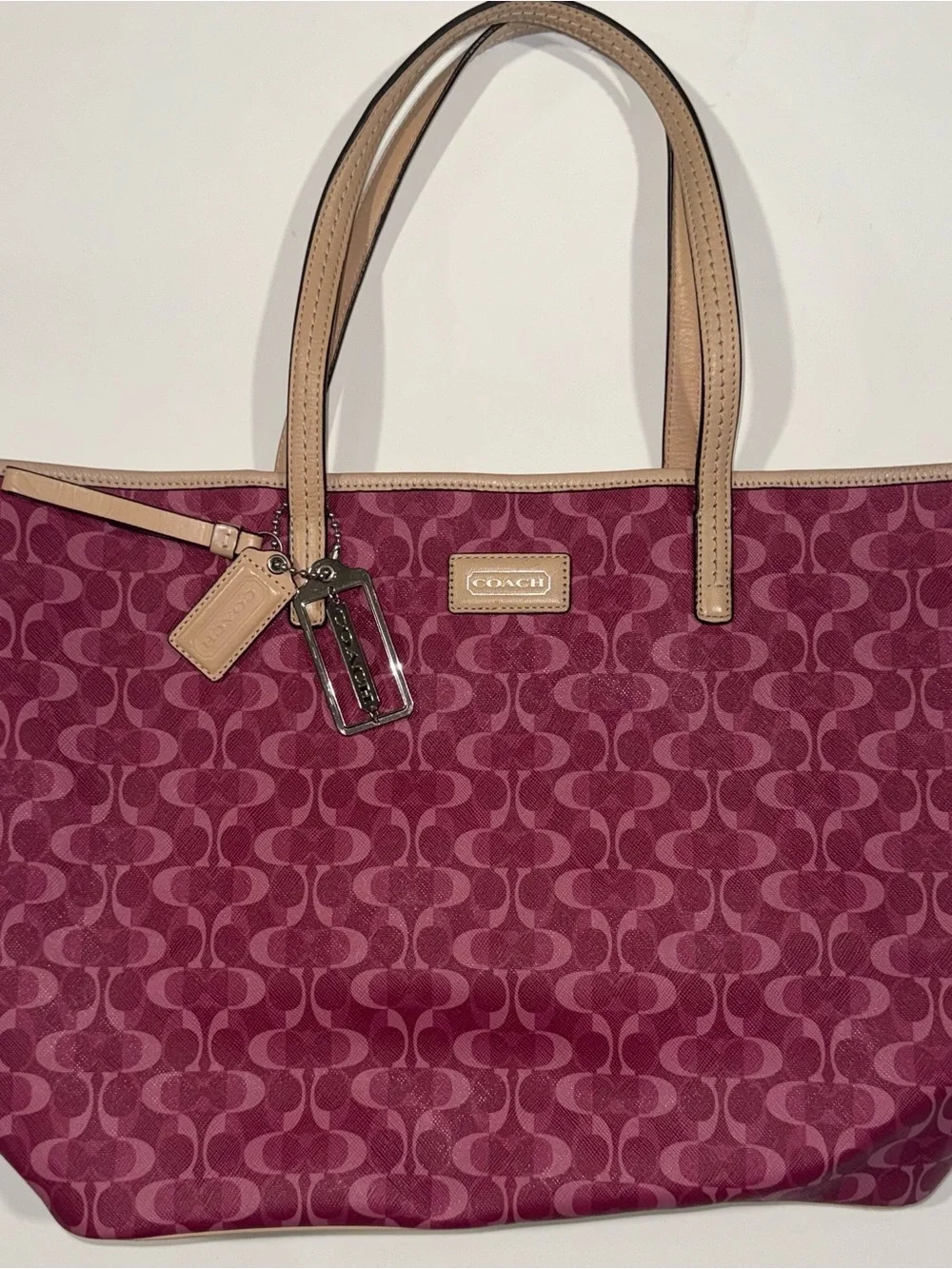Coach Pink Berry Signature Tote with Tan Trim